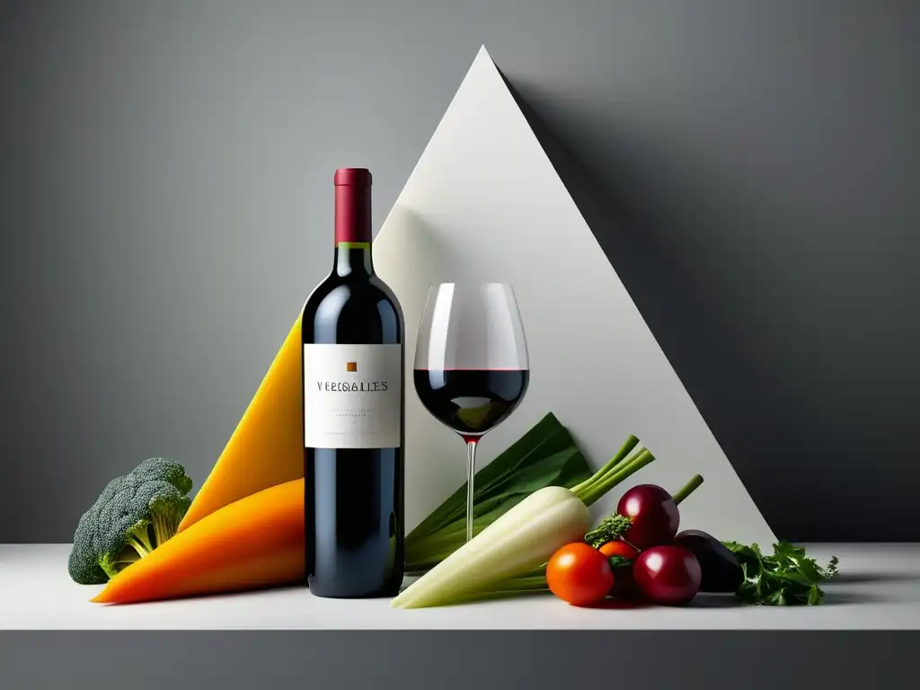 Maridaje vinos y verduras: imagen abstracta y detallada en 8K, representando elegancia y diversidad de colores en elementos vegetales