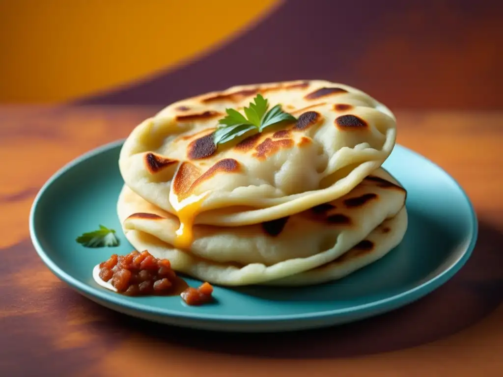 Pupusa salvadoreña en 8k: deliciosa comida tradicional con relleno irresistible y fondo abstracto vibrante