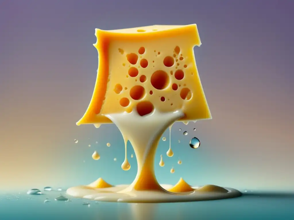 Propiedades Nutricionales del Queso: Elegante imagen abstracta de un trozo de queso suspendido, con gotas de leche cayendo