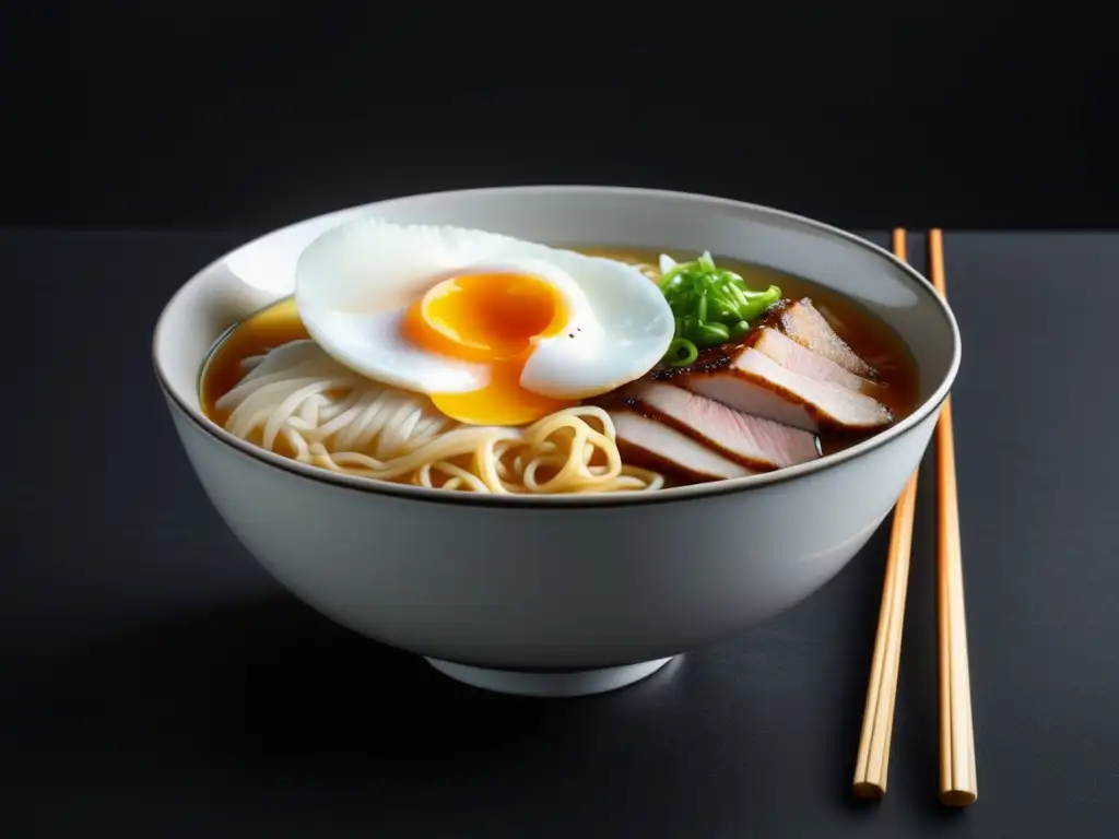 Imagen 8k de un delicioso bol de ramen con ingredientes perfectamente colocados en un fondo negro