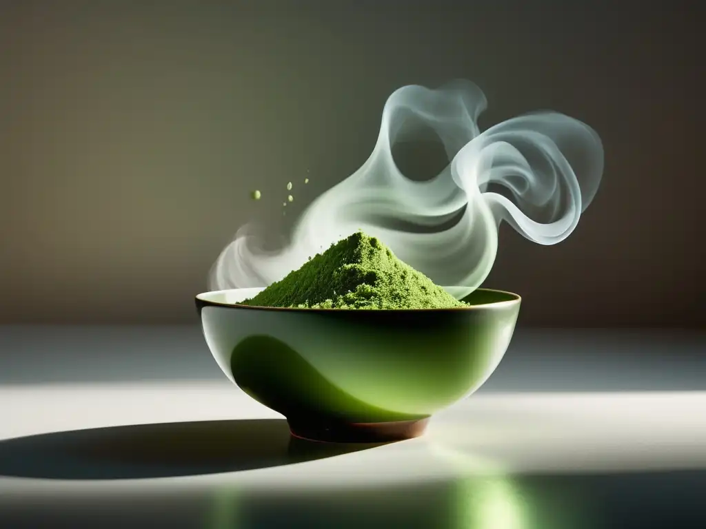 Imagen minimalista de té matcha: bowl verde vibrante con vapor, textura fina y serenidad