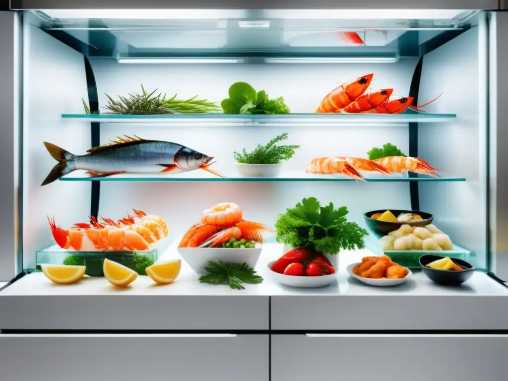 Mariscos frescos en elegante refrigerador de vidrio-