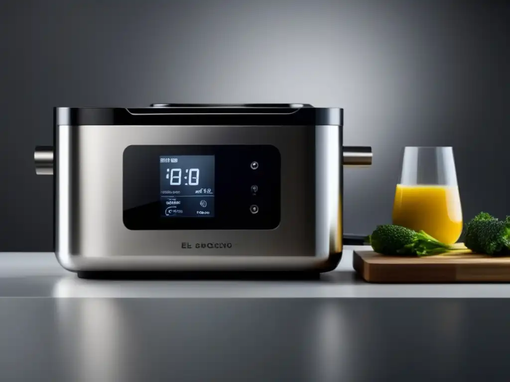 Cocina al Vacío: Máquina Sous Vide en un entorno minimalista y abstracto, con ingredientes frescos organizados meticulosamente