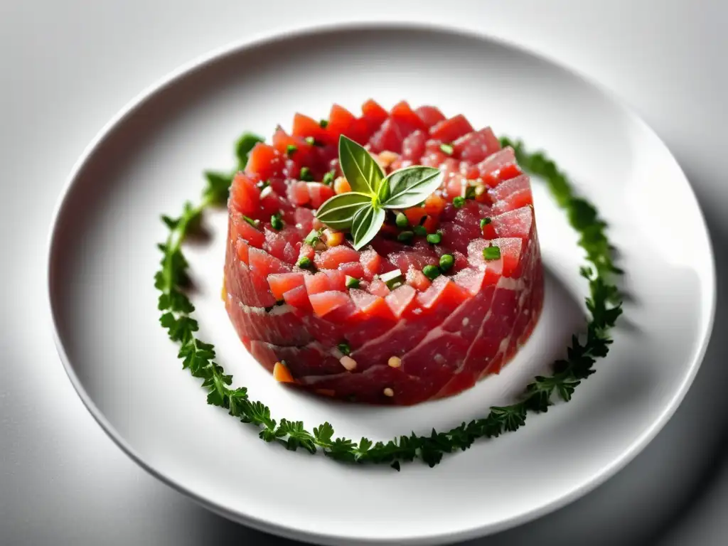 Imagen: Aprende a Preparar el Mejor Steak Tartar - Detalles del plato de carne cruda sazonada, servida en plato blanco minimalista