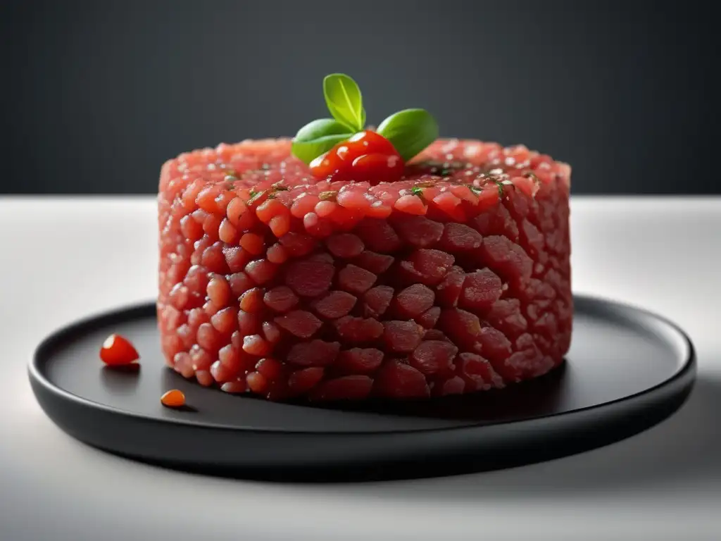 Aprende a Preparar el Mejor Steak Tartar: Detallada imagen 8k con carne cruda, cebolla roja, alcaparras y perejil fresco