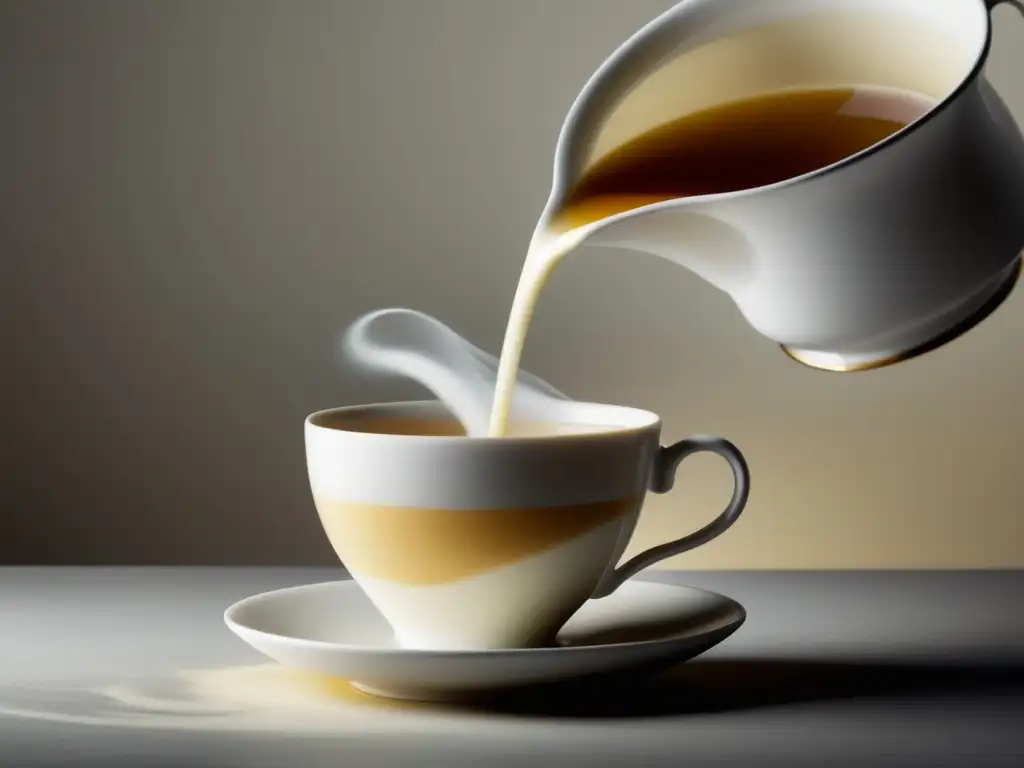 Té con leche: Guía paso a paso, imagen minimalista de una taza blanca de porcelana con leche siendo vertida