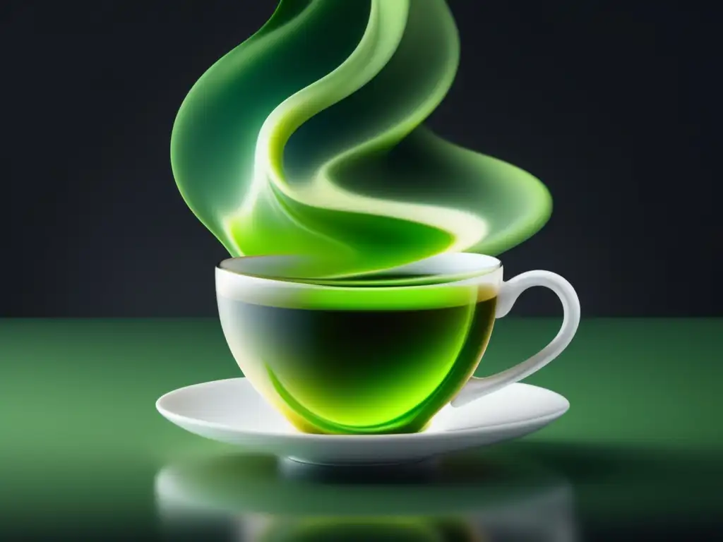 El Té en la Repostería: Secretos y Recetas - Imagen 8K de una taza blanca de té con líquido verde vibrante, rodeada de elementos de repostería