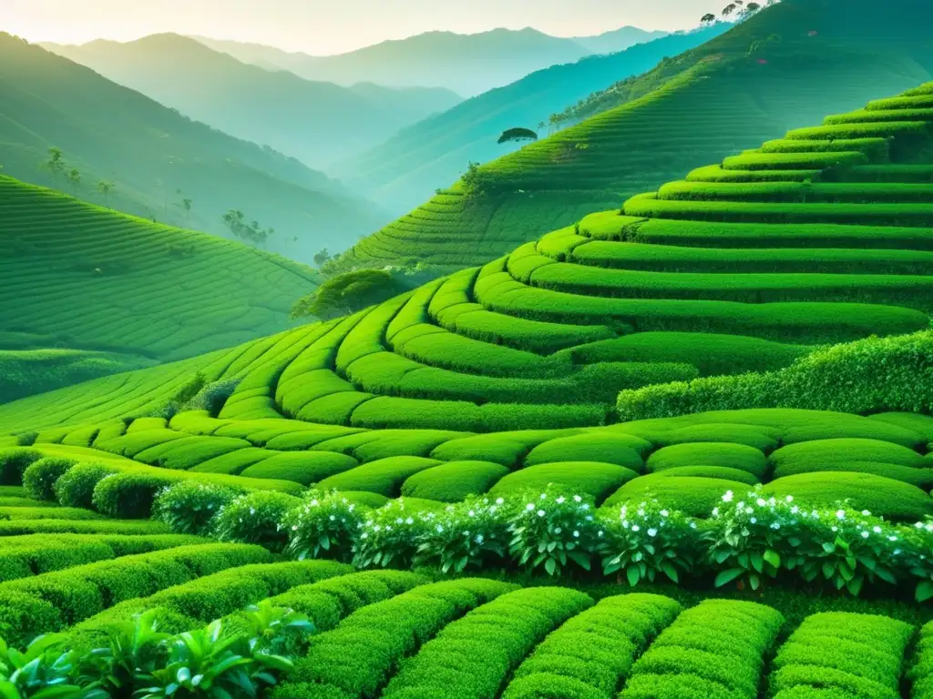 Imagen: Plantación de té en plena floración, detalle en 8k