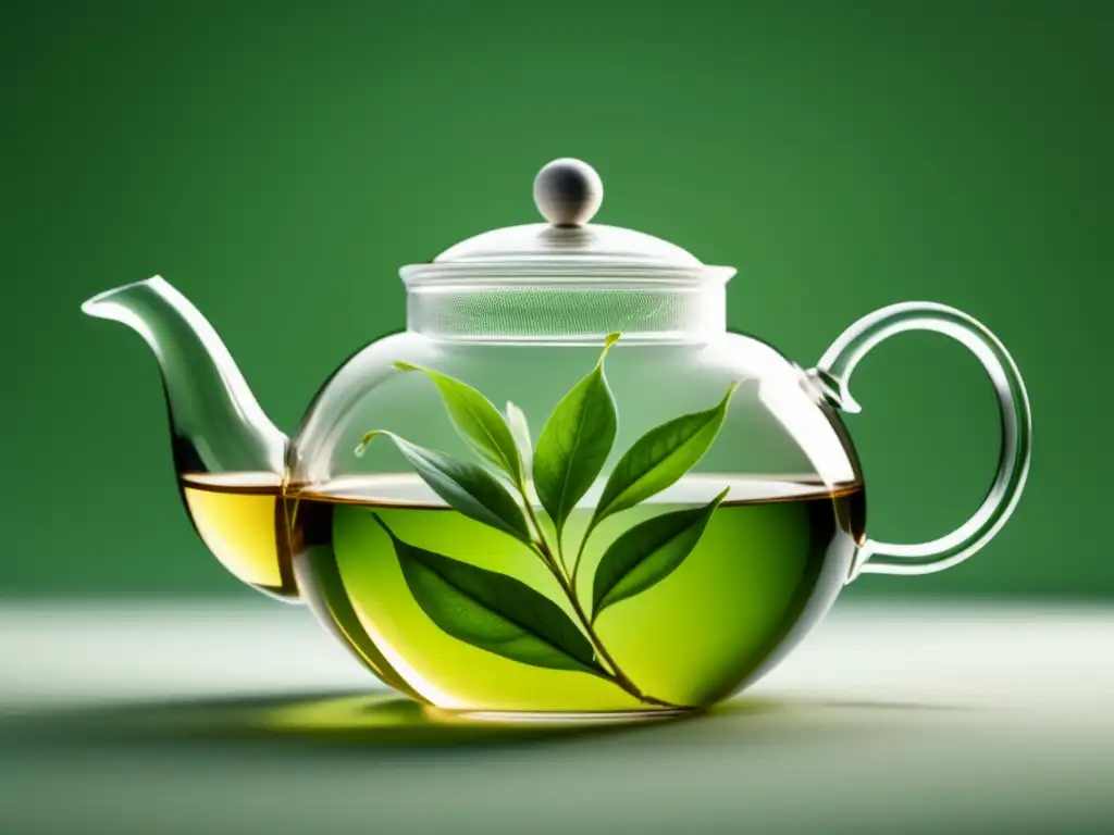 Un ritual del té: hojas delicadas que se despliegan en una tetera de vidrio, mostrando detalles y texturas sutiles