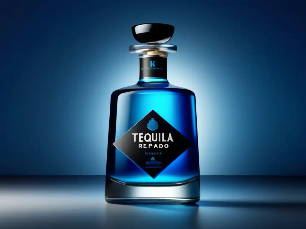 Imagen ultradetallada de una botella de tequila reposado, con diseño geométrico en azul y plata y acabado negro mate