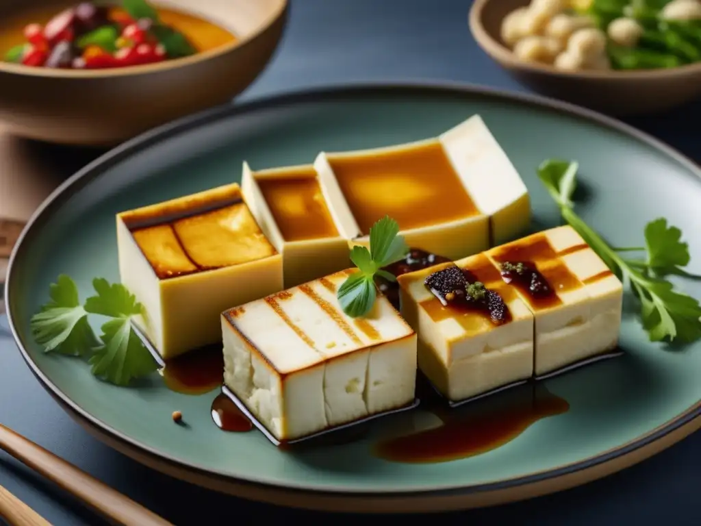 Plato con tres cortes de tofu: marinado, empanizado y salteado