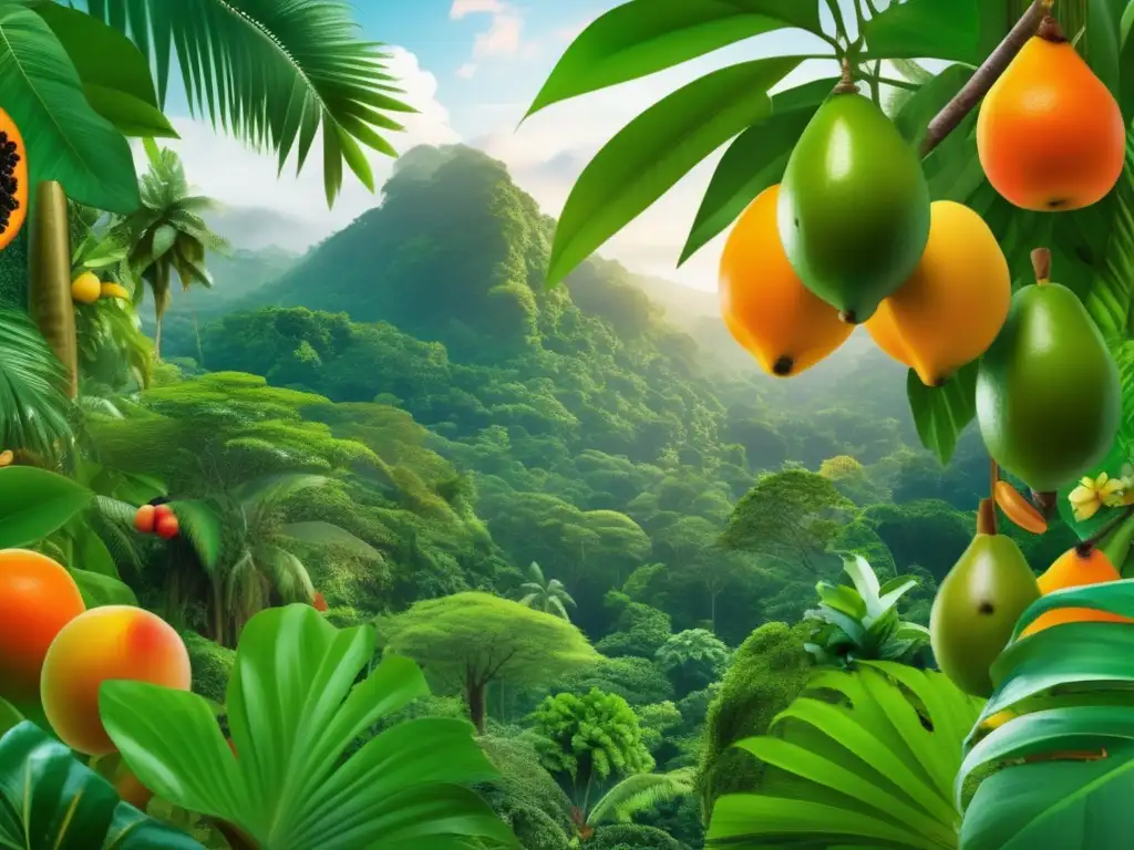 Frutas tropicales: Sabores y beneficios desconocidos - Imagen 8k de una exuberante selva tropical con frutas colgando de los árboles