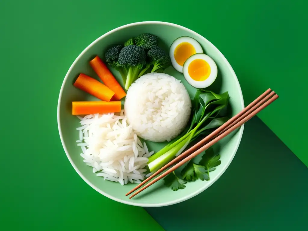 Imagen 8k de cocina asiática vegetariana con vibrante fondo verde y bowl de arroz blanco y fideos coloridos