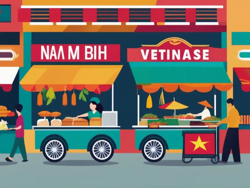 Comida callejera vietnamita: mercado vibrante con platos deliciosos, colores vivos y ambiente animado