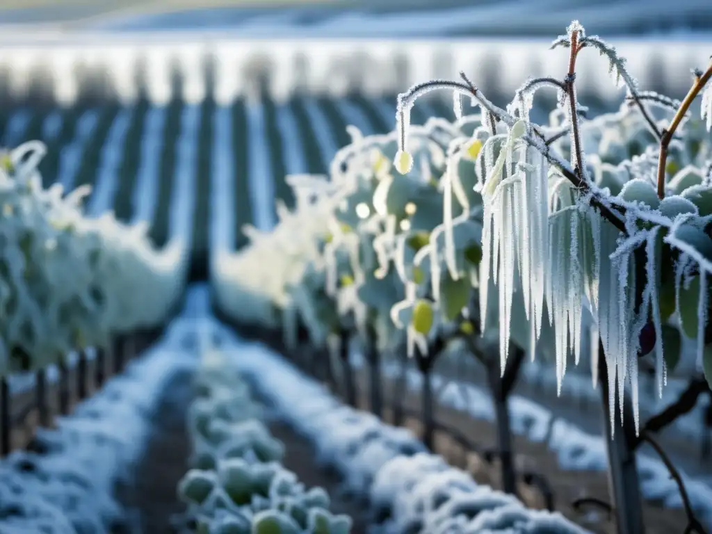 Los Vinos de Hielo: Un Placer Dulce y Refrescante - Viñedo gélido con delicadas vides cubiertas de escarcha