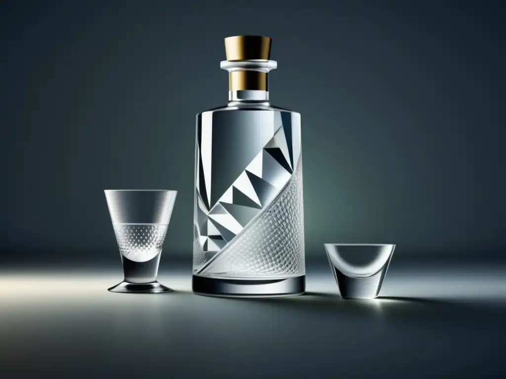 Botella minimalista de vodka con diseño geométrico, martini, shot y coctelera en tonos blancos y grises