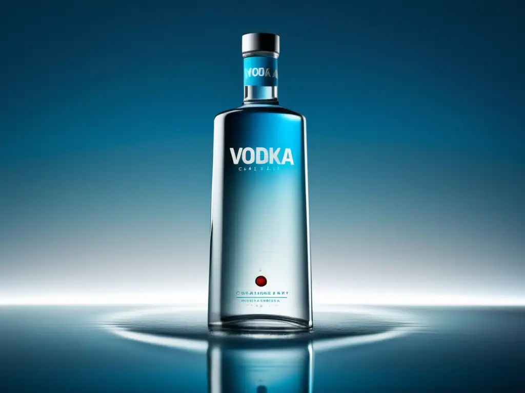 Una imagen elegante de una botella de vodka transparente parcialmente sumergida en agua helada, con condensación en el vidrio y un fondo azul frío