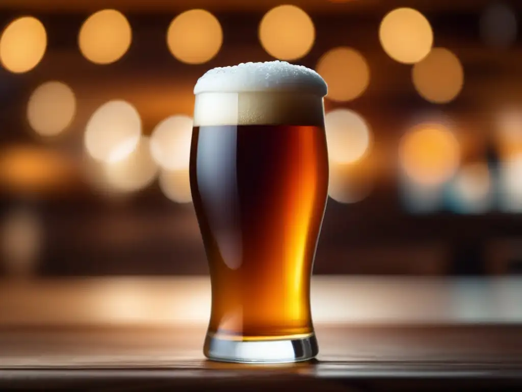 Cervezas Weizenbock: Un híbrido alemán que tienes que probar - Imagen de cerveza Weizenbock con espuma blanca y líquido ámbar en un ambiente soñador