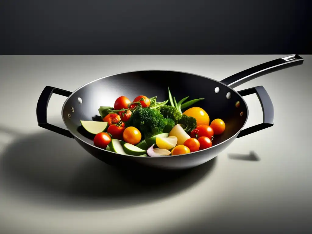 Wok de cocina asiática con diseño minimalista y construcción de acero al carbono, rodeado de vibrantes vegetales y especias aromáticas