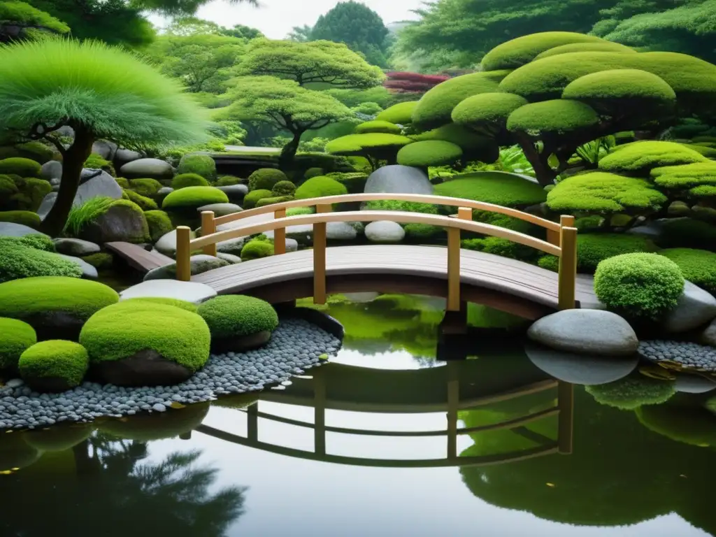 Jardín Zen sereno con puente de madera sobre estanque tranquilo - Lácteos en cocina asiática