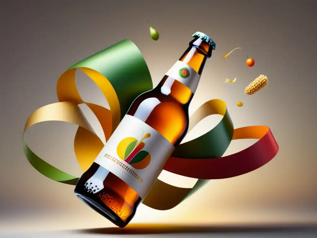 Botella de cerveza suspendida con ribbons de alimentos, simbolizando la conservación de alimentos en cerveza