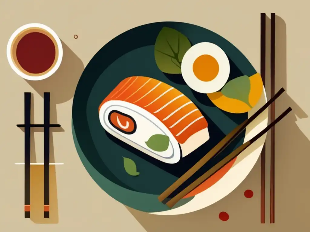 Platos tradicionales de Japón: Sushi, ramen y tonkatsu, representación minimalista y elegante