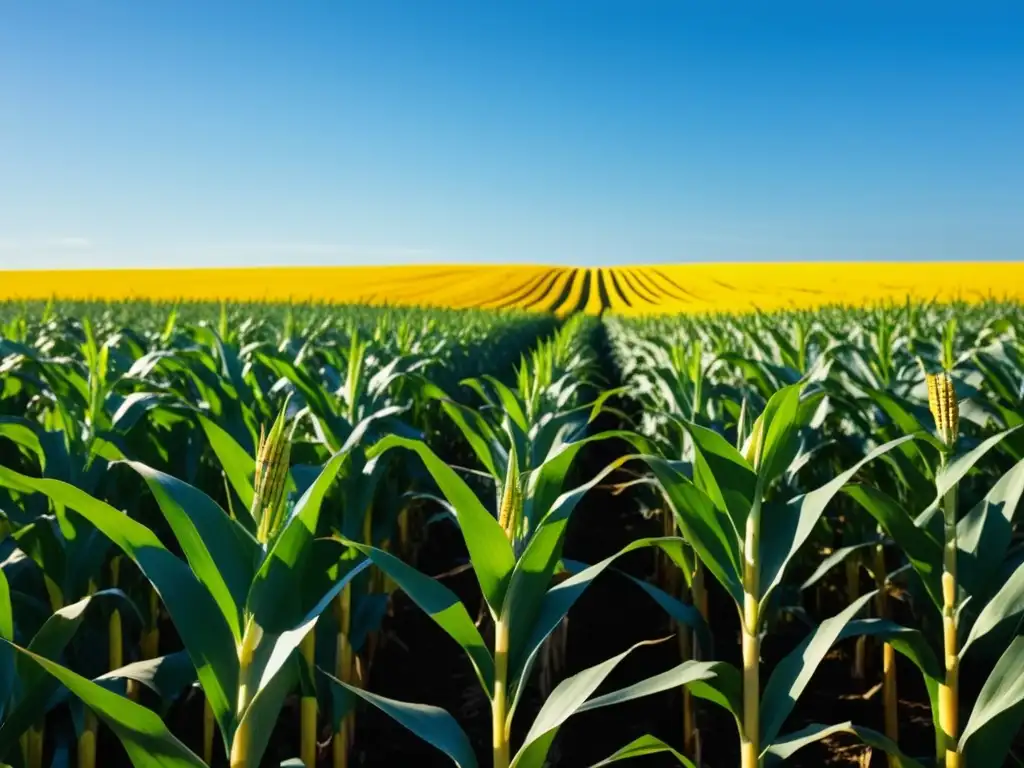 Maíz en la cocina latinoamericana: campo dorado y abundante bajo el cielo azul, simboliza su importancia