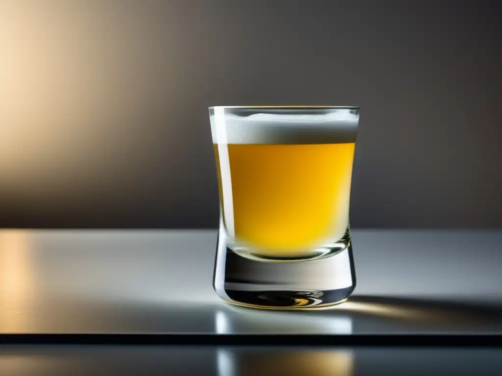 El Pisco: La Bebida que une a Perú y Chile - Imagen minimalista que muestra un vaso de pisco dorado en una mesa moderna, reflejando la luz ambiente y transmitiendo elegancia y sofisticación