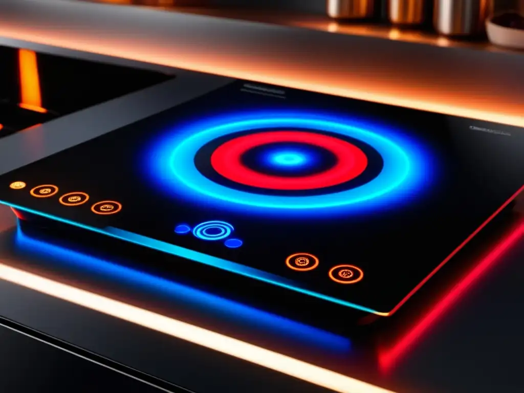 Hornillo eléctrico de inducción: Cooktop minimalista con controles táctiles, campos magnéticos y círculos de luz rojos y azules