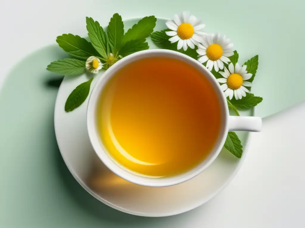 Té de hierbas: propiedades y beneficios, imagen minimalista de una taza con infusión, flores de manzanilla, menta fresca y jengibre