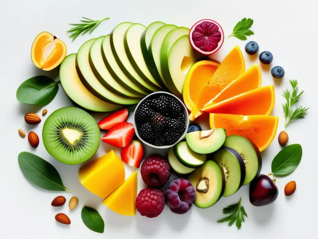 Imagen vibrante de ingredientes raw vegan, como frutas coloridas, vegetales frescos y semillas, en un fondo blanco