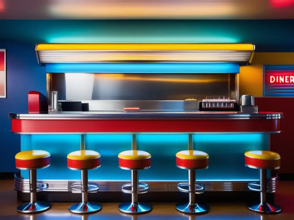 Interior de un diner retro con colores vibrantes y ambiente nostálgico (diners americanos)