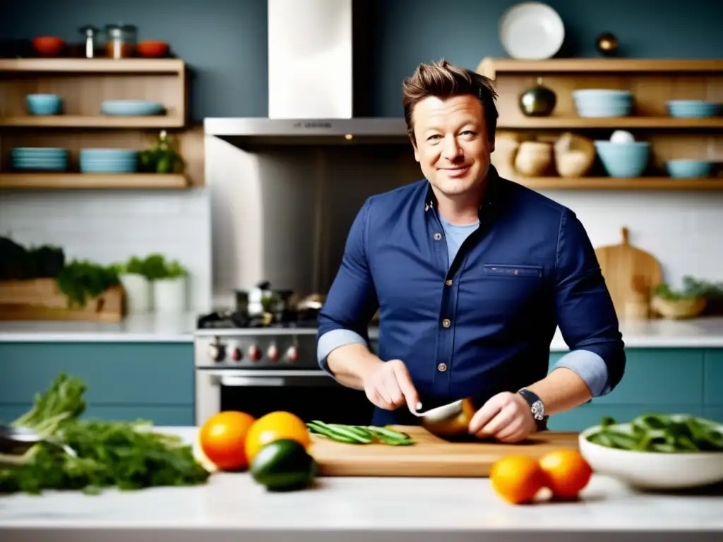 Chef Jamie Oliver: Cocinando con pasión en una moderna cocina iluminada, creando deliciosas comidas caseras