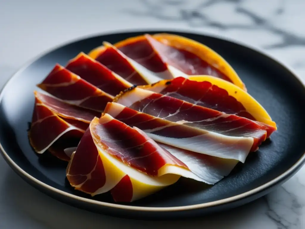 Delicioso jamón ibérico en plato negro sobre encimera de mármol blanco