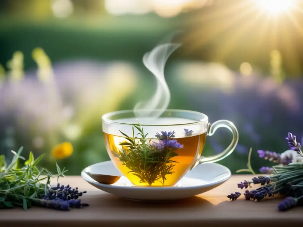 Un jardín de té de hierbas sereno, con una taza de té humeante y diversas hierbas y flores