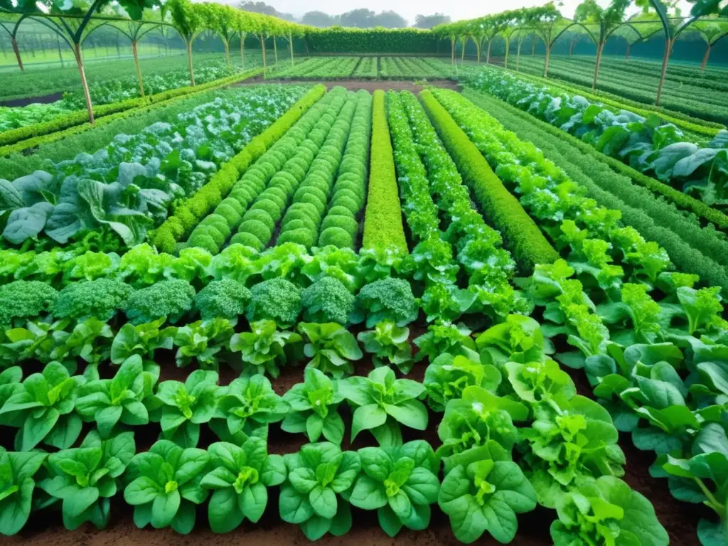 Un jardín de vegetales vibrante, con verduras de hoja verde como espinacas, kale y lechuga