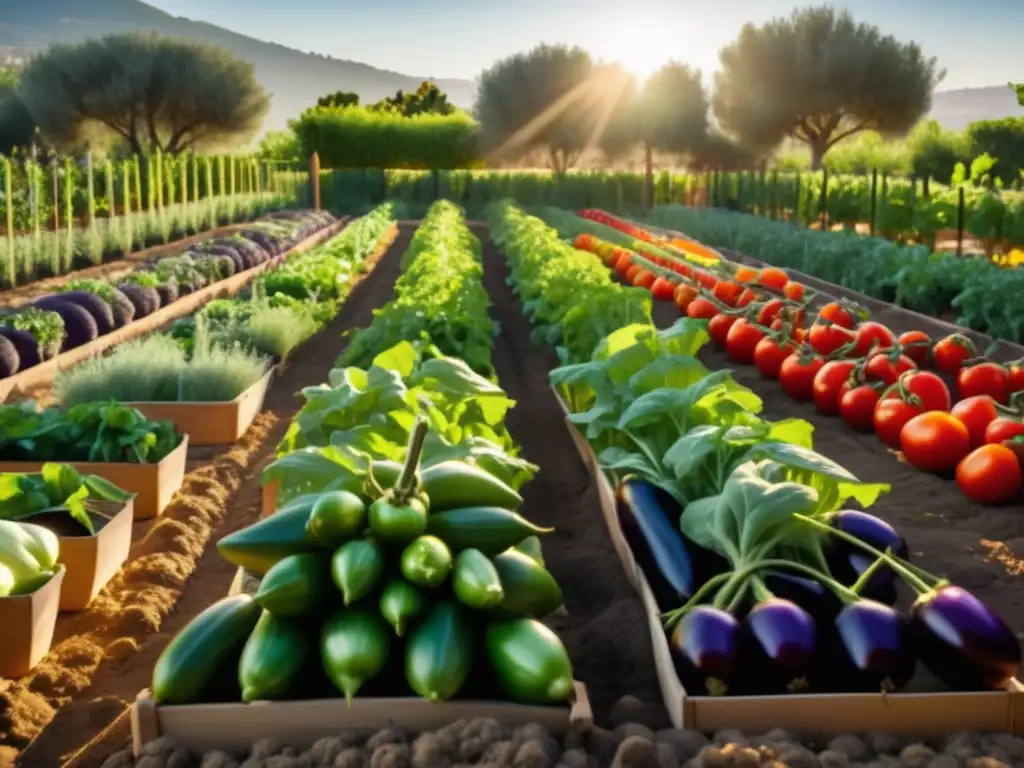 Un vibrante jardín mediterráneo con vegetales ordenados en filas: tomates, pimientos, calabacines, berenjenas y hierbas