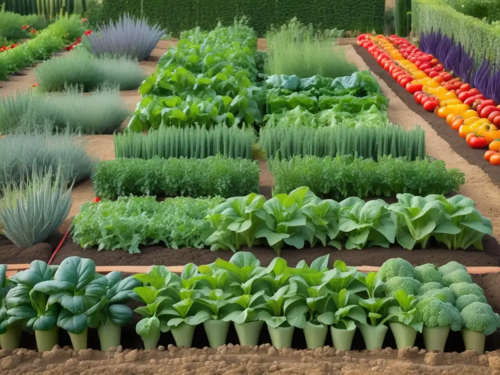 Hortalizas esenciales en cocina mediterránea: jardín vibrante de vegetales, colores vivos, formas geométricas, frescura y diversidad