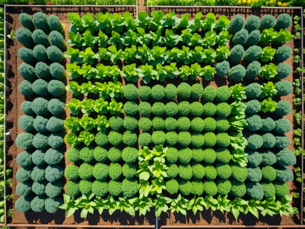 Un vibrante huerto de verduras simétricamente plantadas, destacando la belleza y diversidad natural