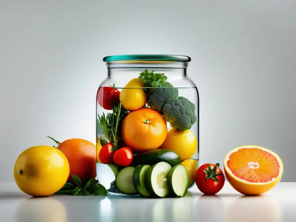 Conservación de alimentos en agua con frutas y vegetales frescos sumergidos en un tarro de vidrio