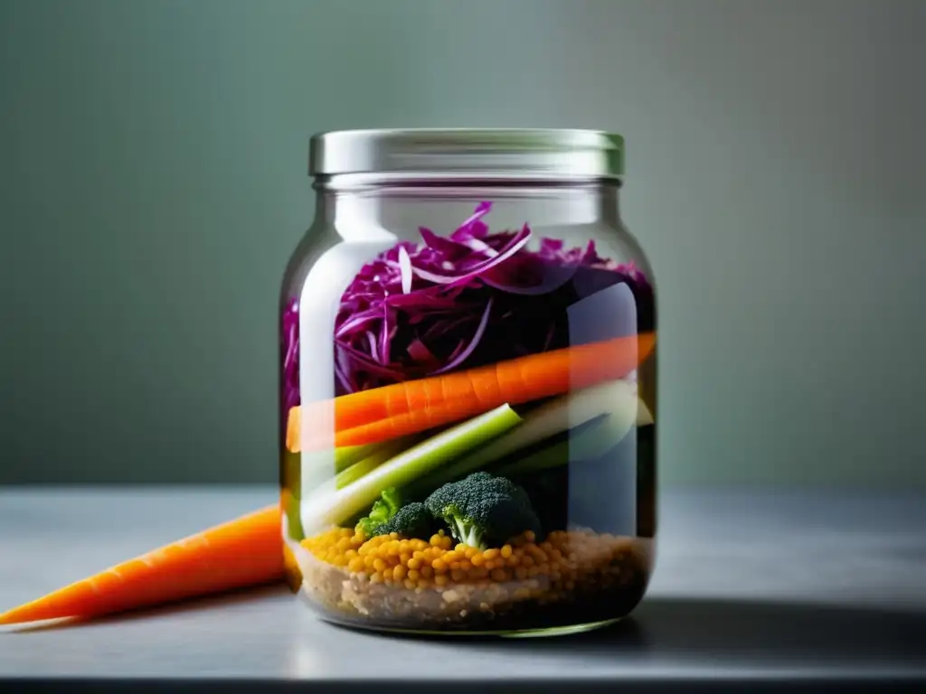 Arte de la fermentación en la cocina coreana: frasco con vegetales fermentados sumergidos en salmuera, colores vibrantes y composición minimalista