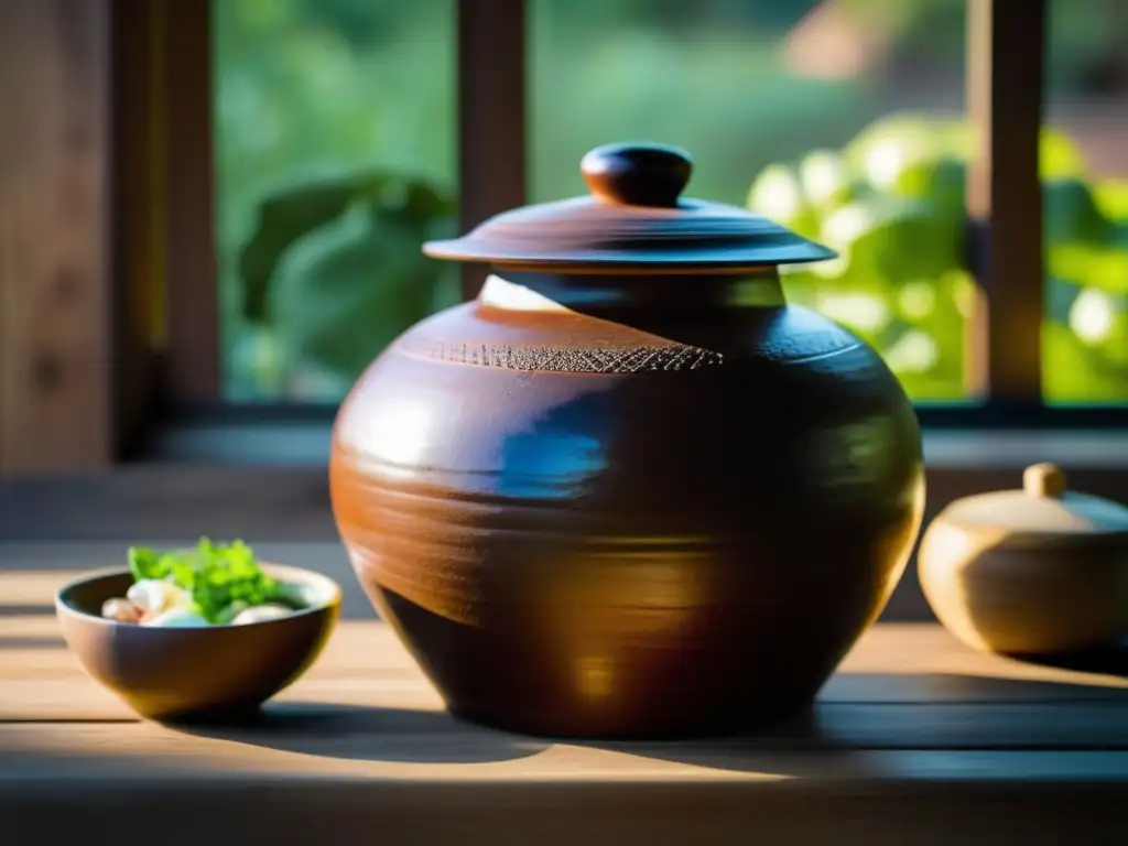 Onggi coreano en mesa de madera: arte de la fermentación en la cocina coreana