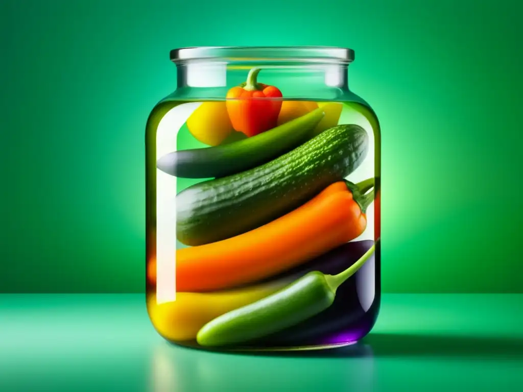 Conservación de Alimentos en Salmuera con vegetales vibrantes sumergidos en un frasco minimalista y abstracto