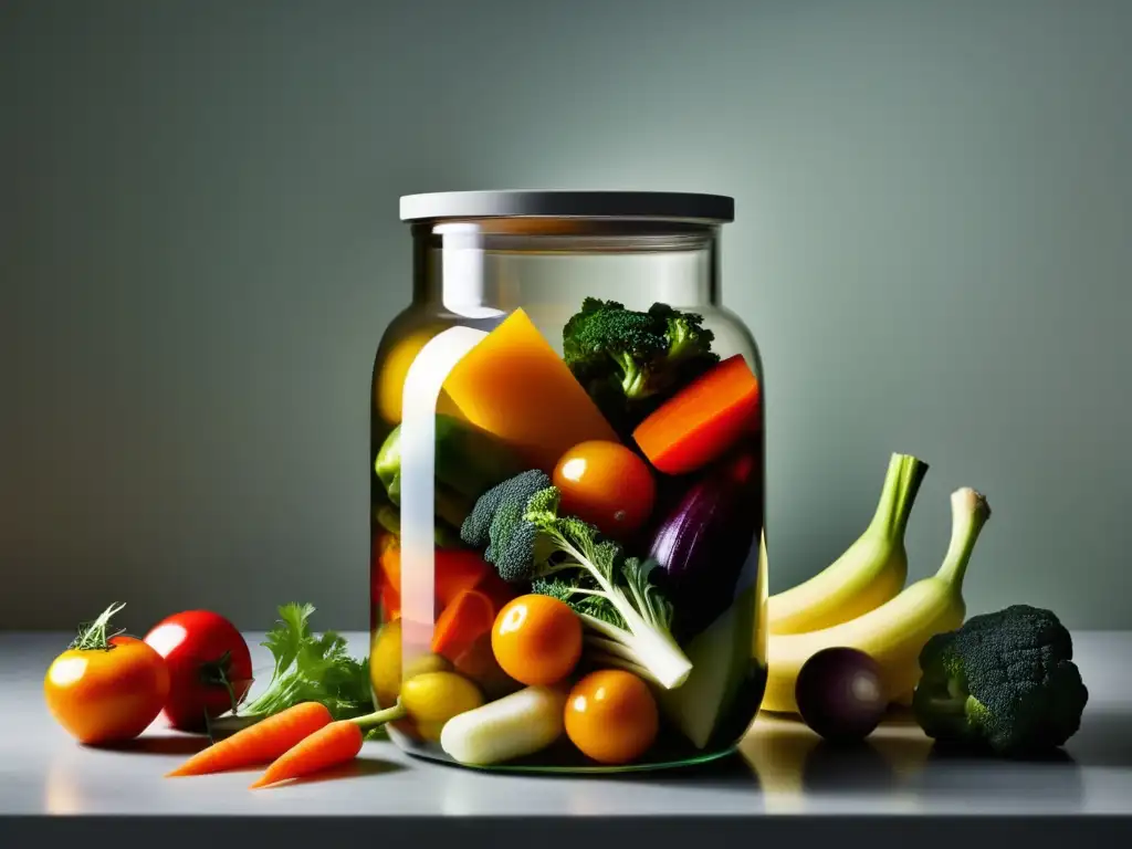 Imagen de vegetales fermentados en frasco de vidrio, con colores vibrantes y texturas variadas