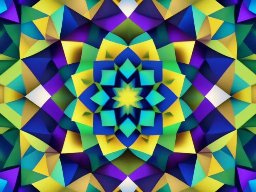 Imagen 8k: Patrón de kaleidoscopio vibrante y abstracto, con colores intensos y formas geométricas que se entrelazan