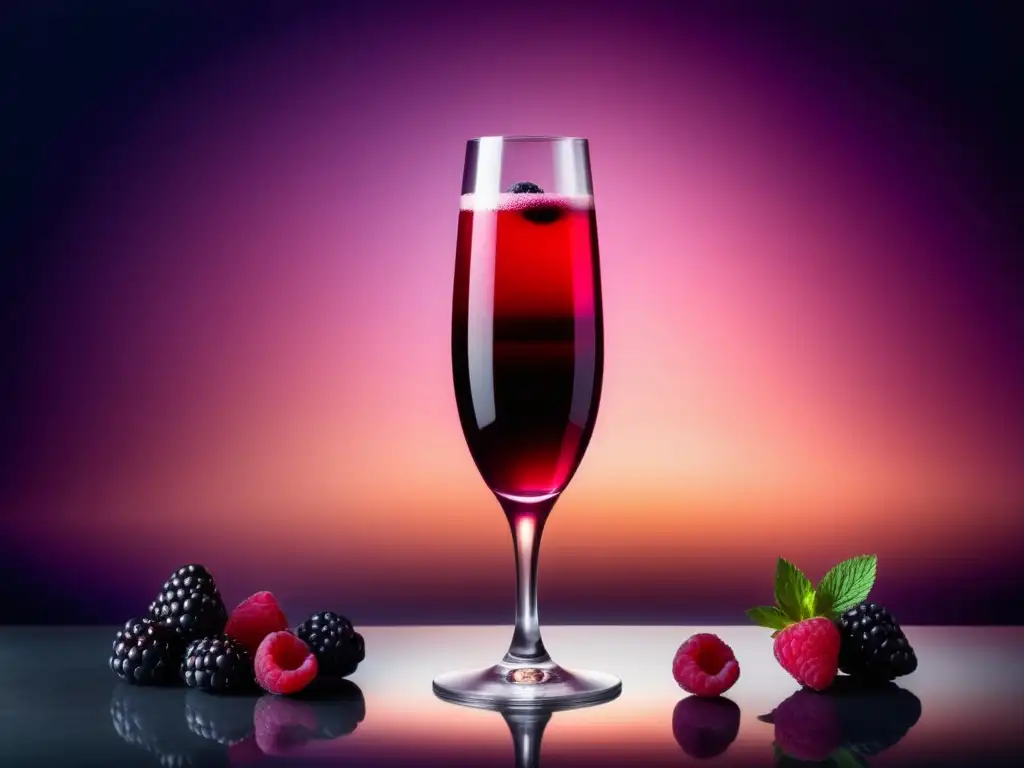 Kir Royale con frambuesas y moras, elegante y sofisticado, en un vaso minimalista, exquisito color rojo intenso