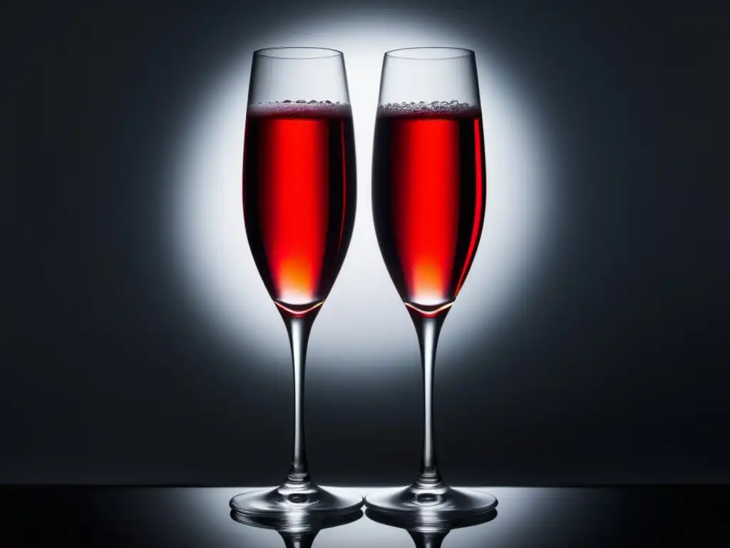 Kir Royale: cóctel lujoso con copas de cristal, líquido rojo vibrante y juego de luces y sombras