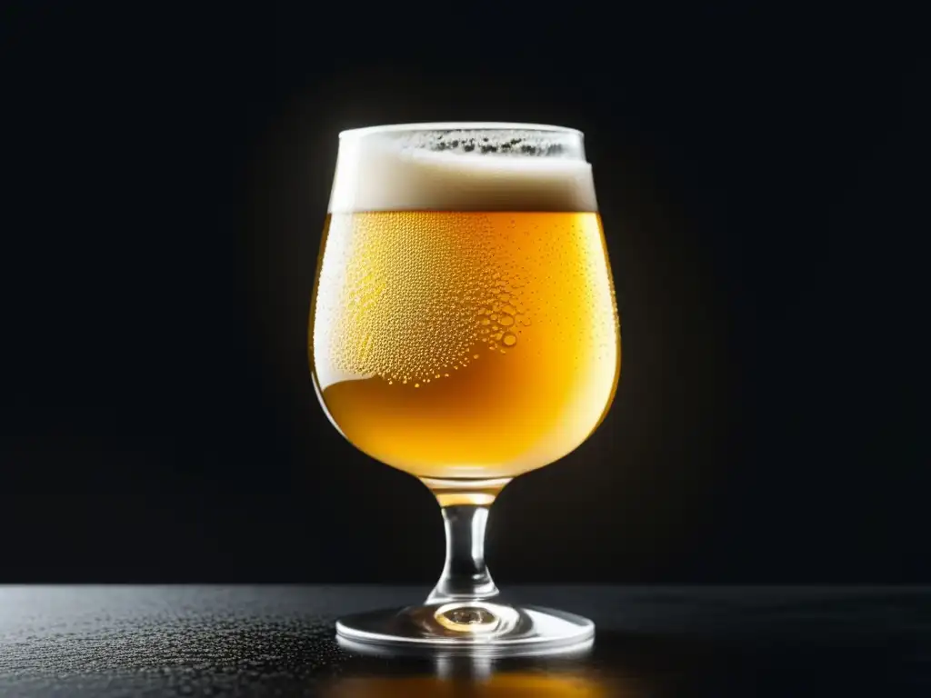 Imagen minimalista de una cerveza lambic dorada, con burbujas y patrones elegantes