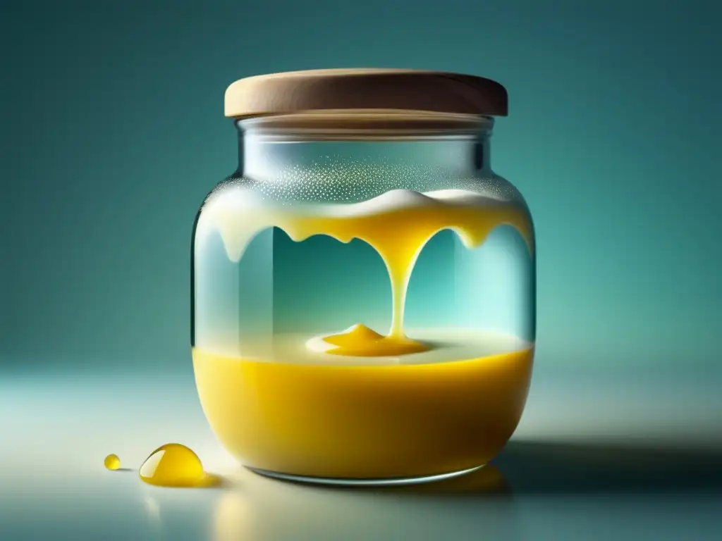 Levadura mágica en postres: Jarra con líquido amarillo pálido burbujeante, patrón hipnótico de burbujas reflectantes en fondo pastel