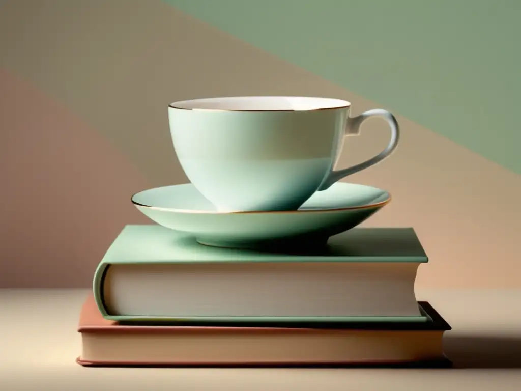 Referencias café y té en literatura - libros apilados con taza de té delicadamente equilibrada